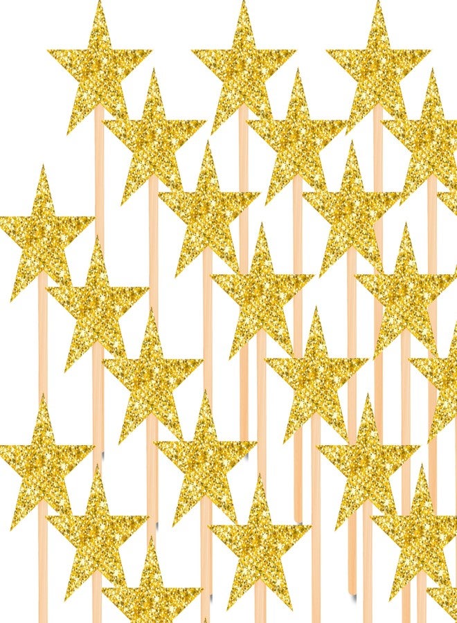 GLOBEADO Glitter Star Cake Toppers, 20 Pieces, Gold Stars with Wooden Sticks, Party Decoration (GOLDEN COLOR) - Image 1